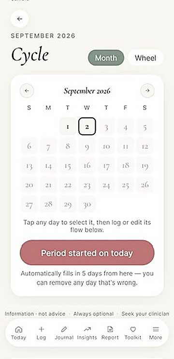 The Veda Circle cycle calendar screen, showing a private monthly log