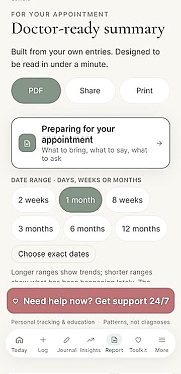The Veda Circle doctor-ready summary screen, showing a PDF export built from the user's own entries