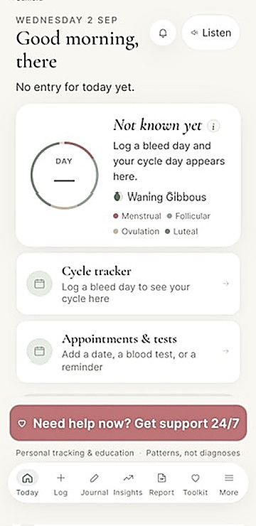 The Veda Circle Today screen, showing today's cycle status and quick access to the cycle tracker and appointments